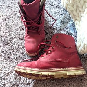 Red lace up flat boots